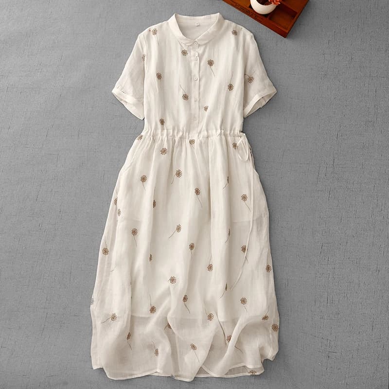 Elegant Embroidered Shirt Dress Women's Summer Lightweight Luxury Long Skirt Cotton Linen Material Commute Style Midi Dress