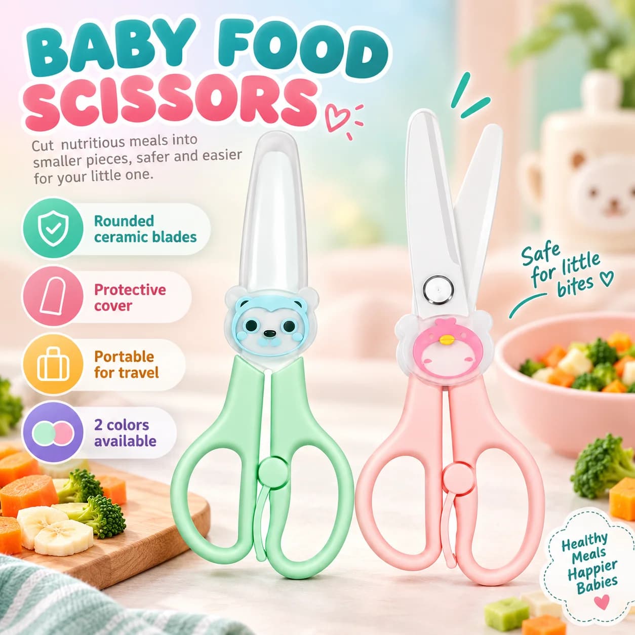 Ceramic Baby Food Cutter Scissors, Portable Infant Food Cutting Tool, Kids Food Scissors for Home and Outdoor