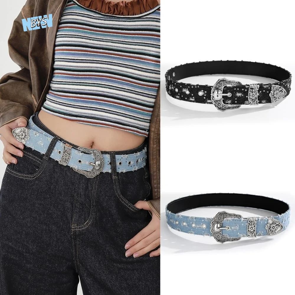 Retro Korean Style Sequin Belt Ripped Y2k Metal Buckle Belt Aesthetic Harajuku Denim Wide Belt Jeans