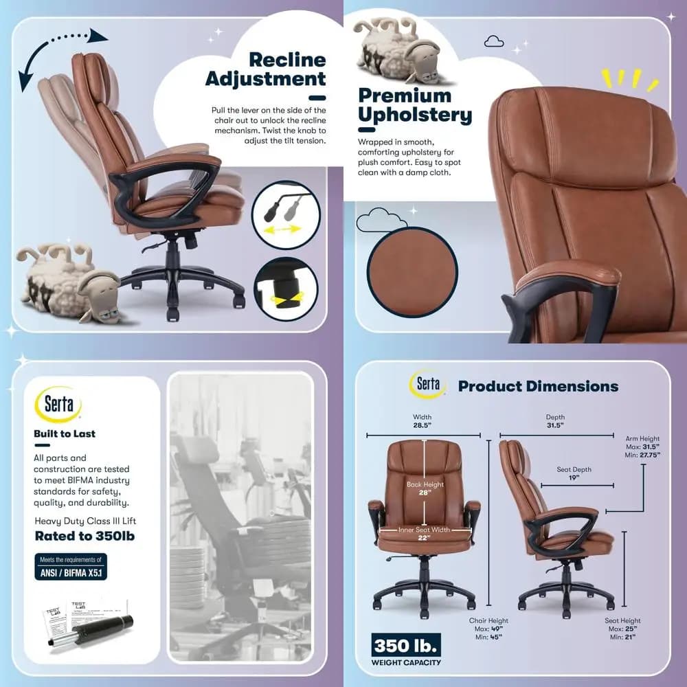 Airbanks Big & Tall Executive office chair, Comy ergonomic computer chair with high backrest and lumbar support, semi-soft seat cushion
