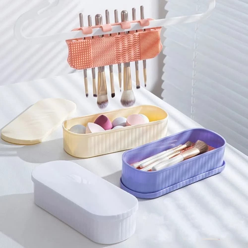 3-in-1 Makeup Brush Cleaning Box Multifunction Sponge Storage Powder Puff Washer Scrub Cup with Drying Holder