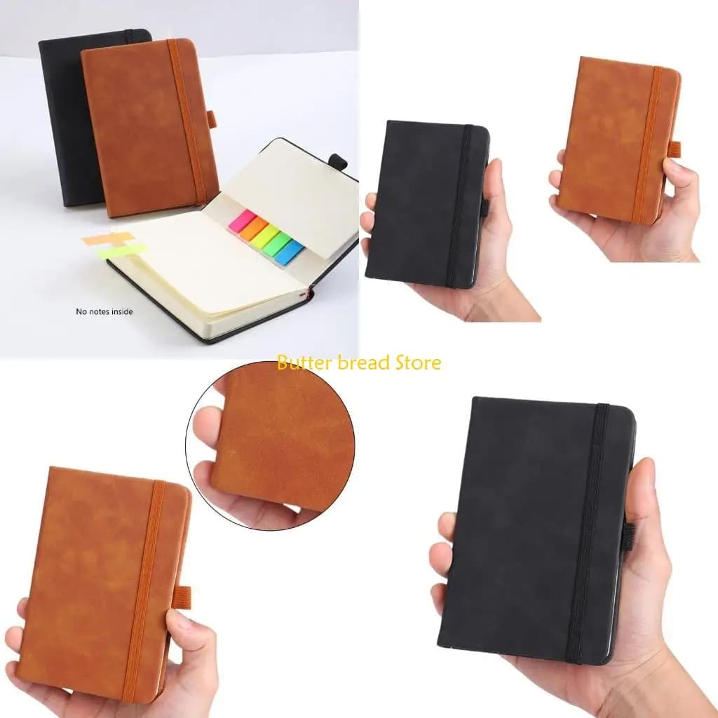 W89C Business Notebook Leather Journal Elastic Strap Closure Ribbon Page Mark Lined