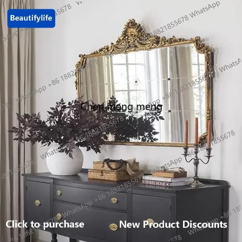 CC 45French bathroom mirror retro solid wood carving flower porch decorative wall hanging makeup mirror European mirror