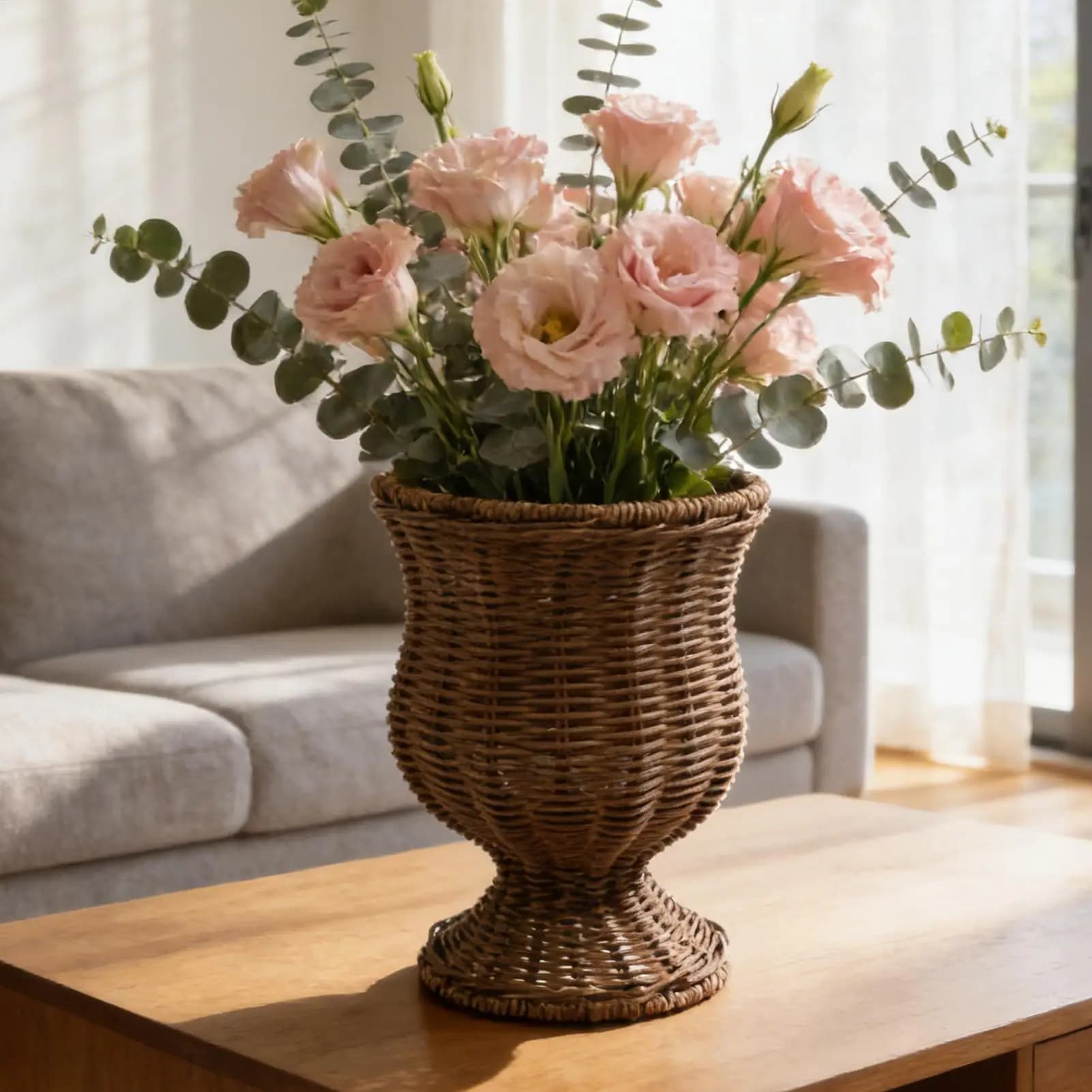 Cesto Decorativo Intrecciato a Mano a Forma di Calice per Vino, Vaso per Fiori in Rattan Artificiale per Giardino, Portico, Porta d'Ingresso, Patio, Terrazza