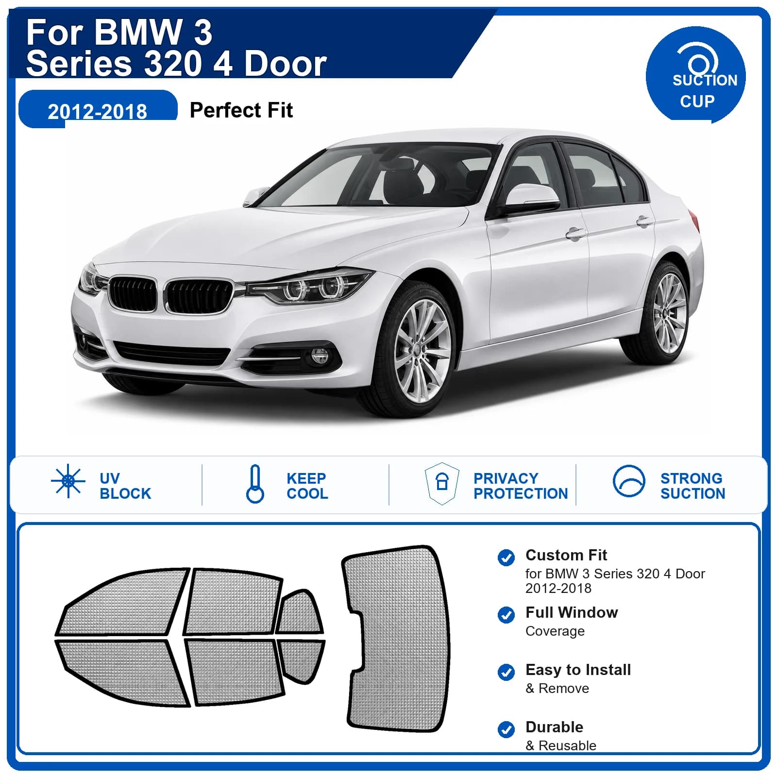 For BMW 3 Series 320 4 Door 2012-2018 Custom Full Set Windshield Sun Shade Aluminum Foil Heat Insulation Anti UV Foldable