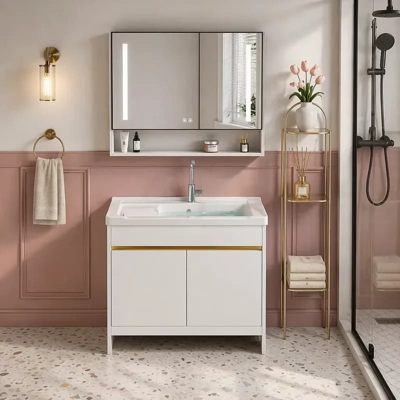 Space Aluminum Floor Standing Bathroom Vanity With Built-In Washboard Ceramic Basin Smart LED Mirror Cabinet for Home Use
