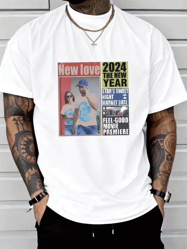 New Love 2024 New Year Collage Graphic Print T-Shirt Men's Streetwear Pop Culture Short Sleeve Tee Feel-Good Movie Premiere Casual Top