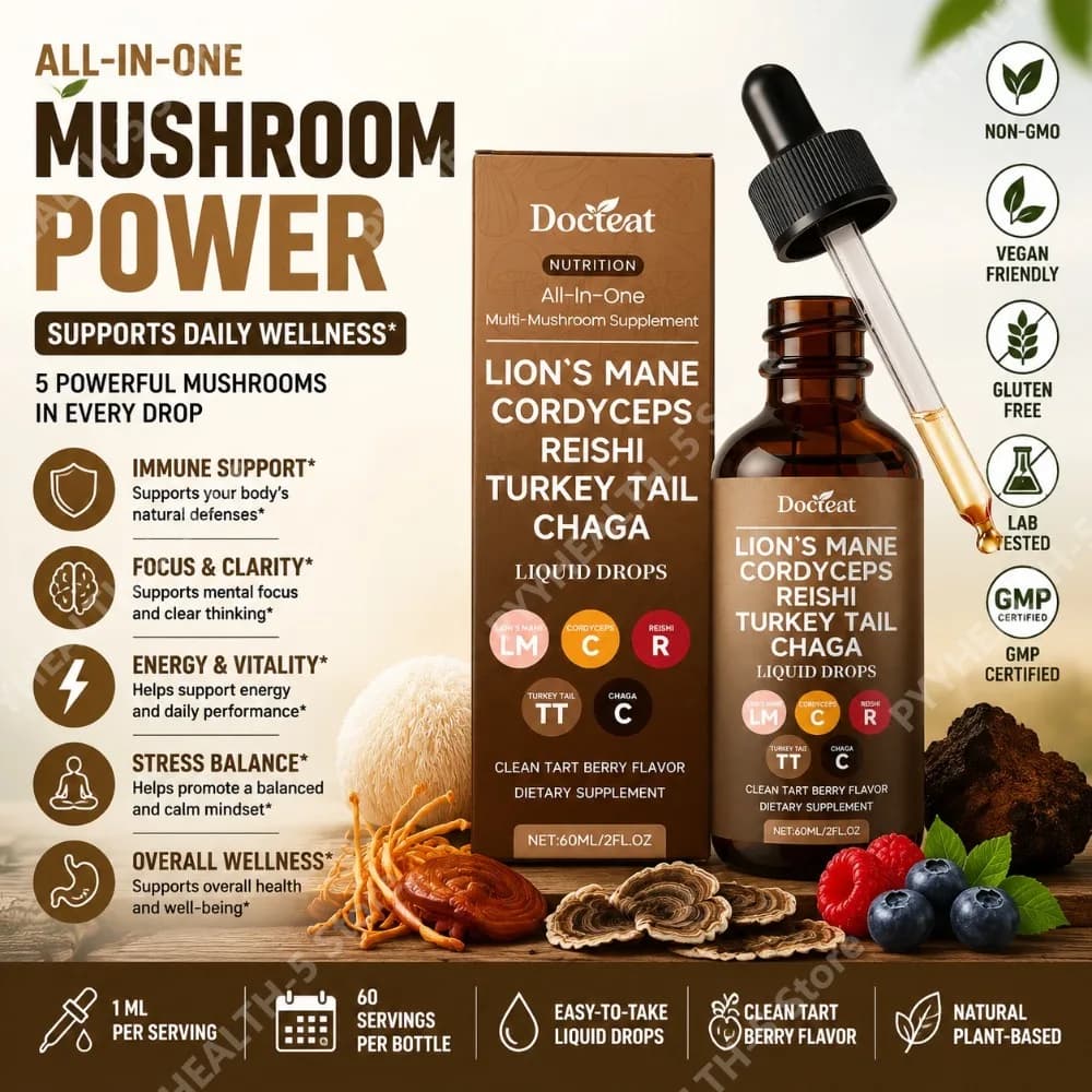 Docteat Multi-Mushroom Liquid Drops, Clean Tart Berry Flavor, Lion's Mane Cordyceps Reishi Turkey Tail, 60 Ml Net, 30 Servings
