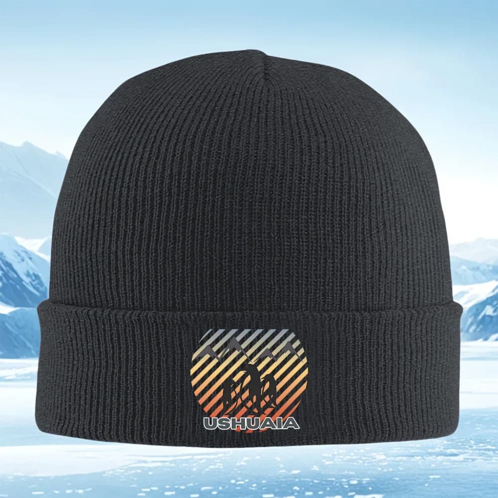 New Penguins mountains sunset Ushuaia design Men Women Unisex Knitted Hat Beanie Pullover Cap Winter Thermal Warm Christmas Outd