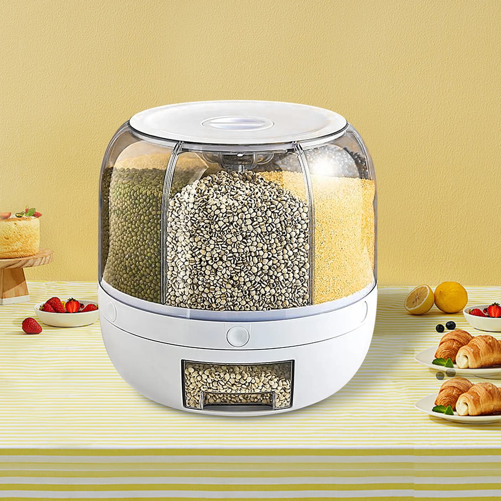 Dispenser per Cereali, Contenitore Rotante a 6 Scomparti per Riso, Dispenser per Alimenti Secchi con Misurino, Organizzazione Cucina 10 kg