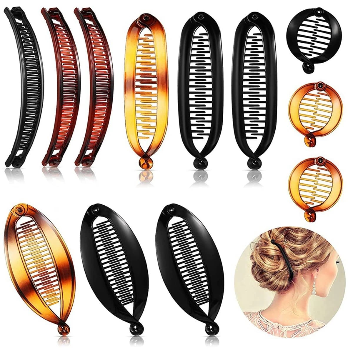 Set of 12 pieces of glossy banana clasps with fashionable and versatile leopard print and hair clips in the shape of fish, horsetail and curly hair, accessories for women's casual hair suitable for parties, dances, clothing and trips