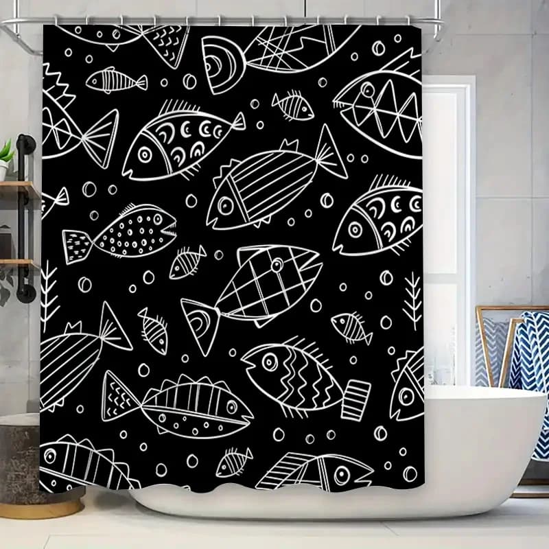Tenda da doccia con motivo pesce bianco nero Decorazioni per la casa per vasca da bagno Forniture per bagno impermeabili 180x180 cm