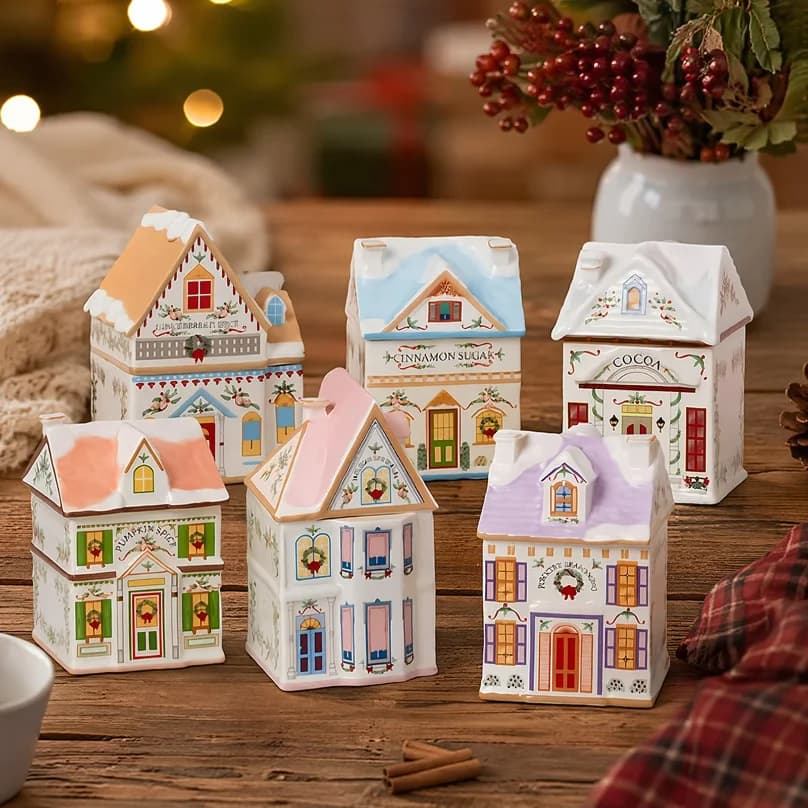 6Pcs Holiday Village Spice House Set House Ornament Storage Box Set Desktop Decoration House for Candles Spices Tea Party Favors