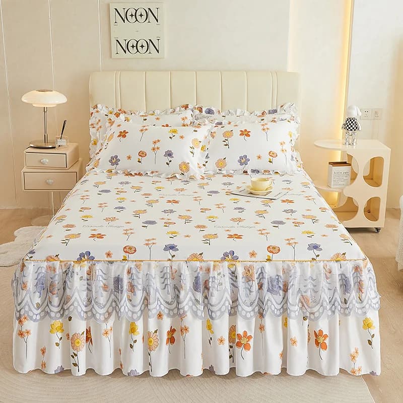 Copriletto in pizzo delicato sulla pelle 1pc gonna da letto + 2 pezzi federa principessa lenzuolo in pizzo a doppio strato copriletto antiscivolo