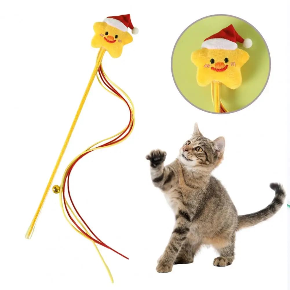 Bacchetta magica per gatti di Natale Mele di cartone animato Albero di Natale Stella Gingerbread Man Asta di peluche per gatti Materiale sicuro Forniture per animali domestici
