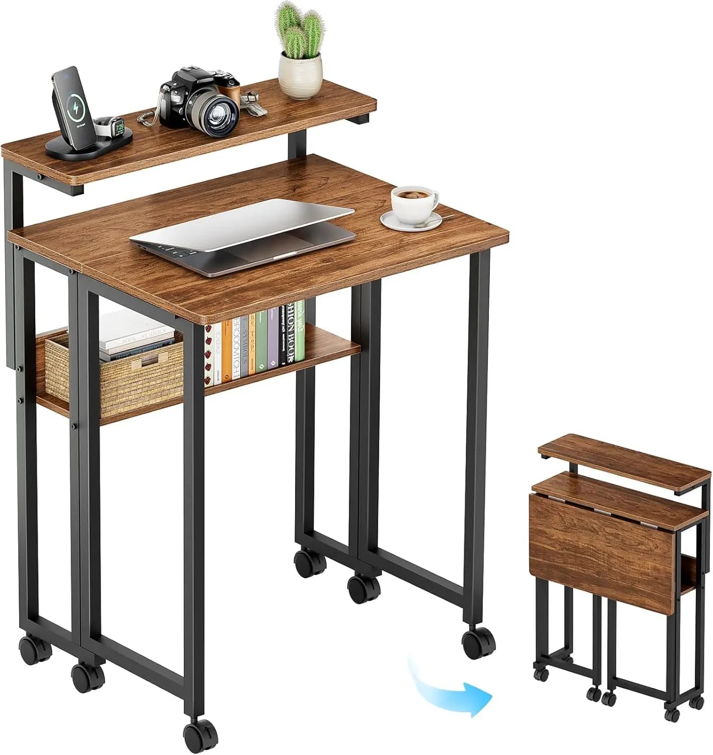 Folding Desk, with Walnut, with Wheels, with Storage Shelves, with Monitor Stand, Home Office, Small Space