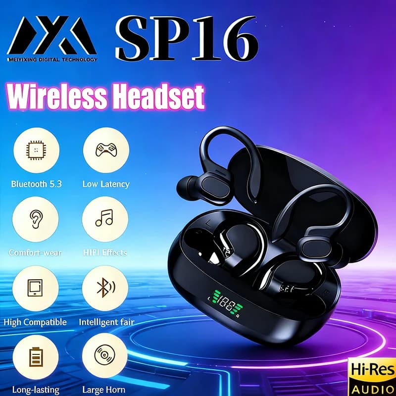 Bluetooth SP16 Headphones with Ear Hook, Wireless Over-Ear Headphones with Microphone for Sport and Race, with Volume Control