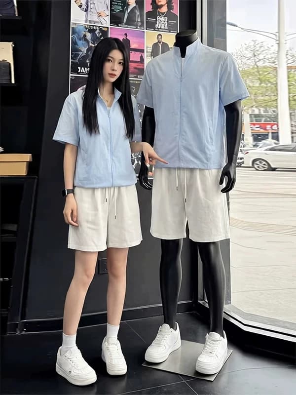 Summer Casual Blue White Couple Set Men's Women's Stand Collar Zipper Top Shorts Two Piece Set Fashionable Youth Clothing
