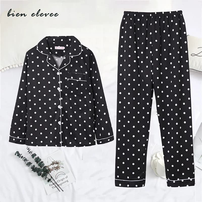 Pigiama di seta da donna a maniche lunghe Pigiama Set Dot Sleepwear Pijama Homewear Completo da notte femminile Set da due pezzi Pigiama da donna