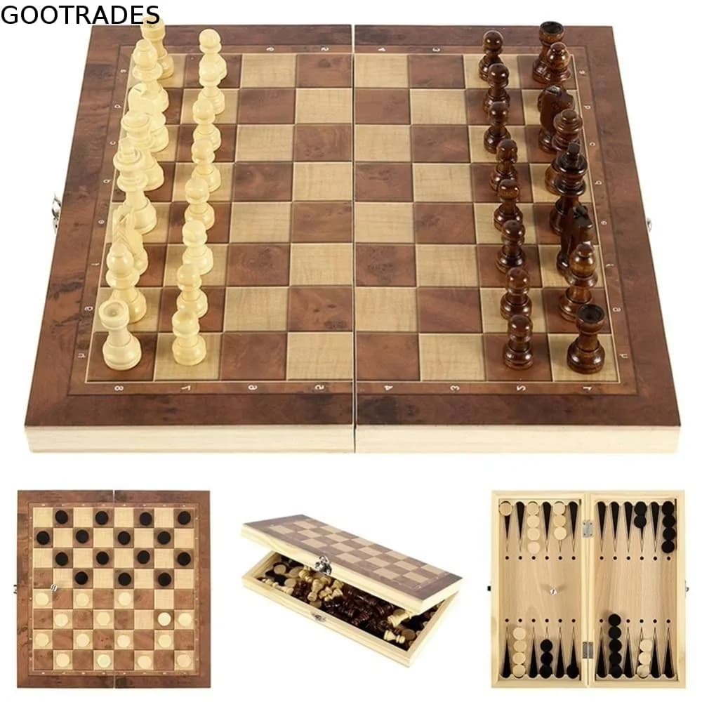 3-in-1 Chess&Backgammon&Checkers Set Chessboard Wooden Board Games Set Foldable Educational International Chess Game