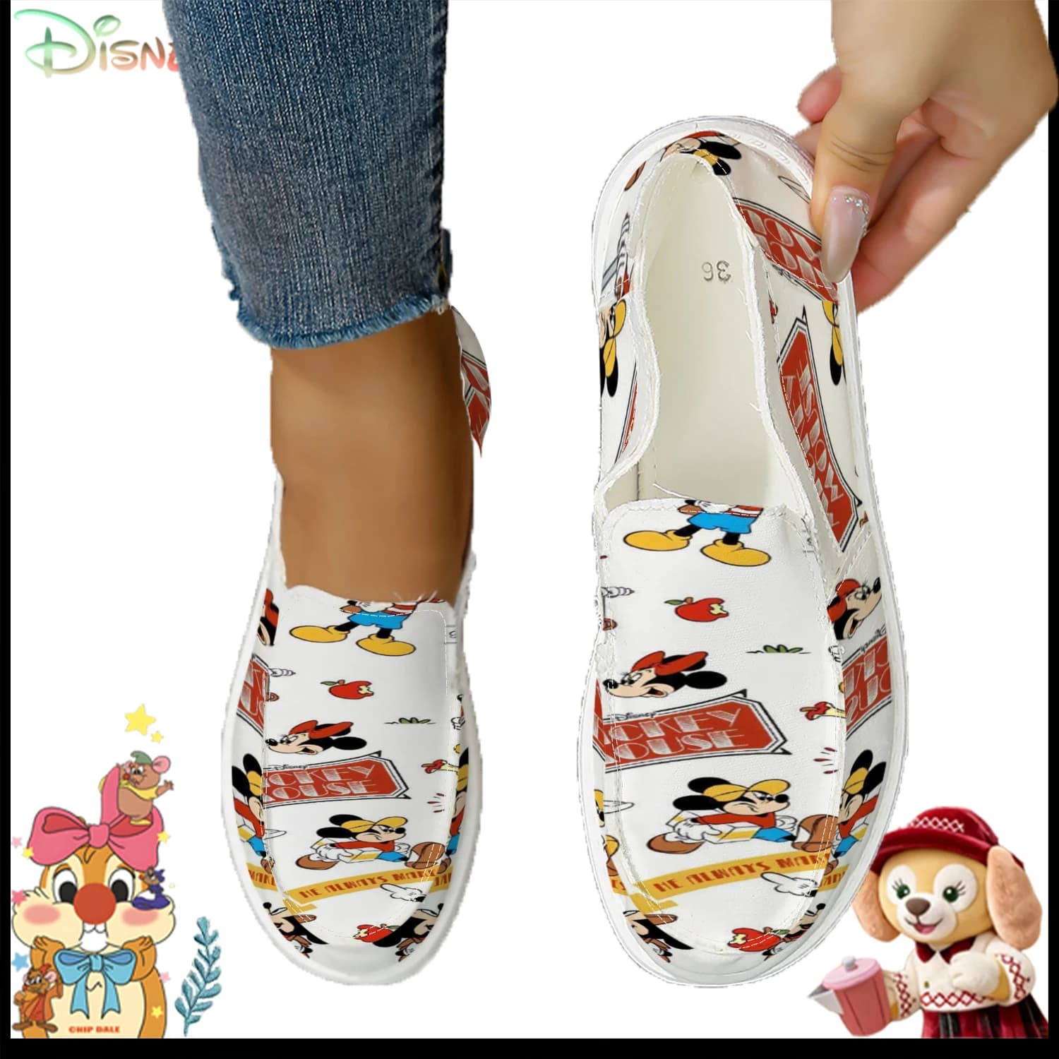 Scarpe di tela da donna con stampa sportiva di Topolino, comode sneakers slip-on per tutte le stagioni