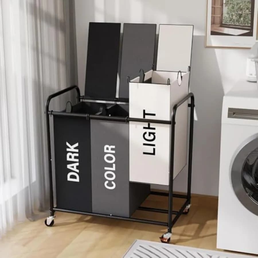 Cesto per Bucato da 180L con 3 Scomparti, Robusto e con Ruote Bloccabili e Coperchio, 3 Grandi Sacchi Separati Rimovibili