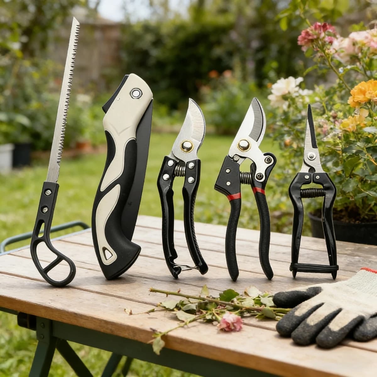 Set di 5 Attrezzi da Giardinaggio con Cesoie, Sega Pieghevole, Utensili per Piantare in Acciaio ad Alto Tenore di Carbonio con Impugnatura Ergonomica per Giardinaggio all'Aperto