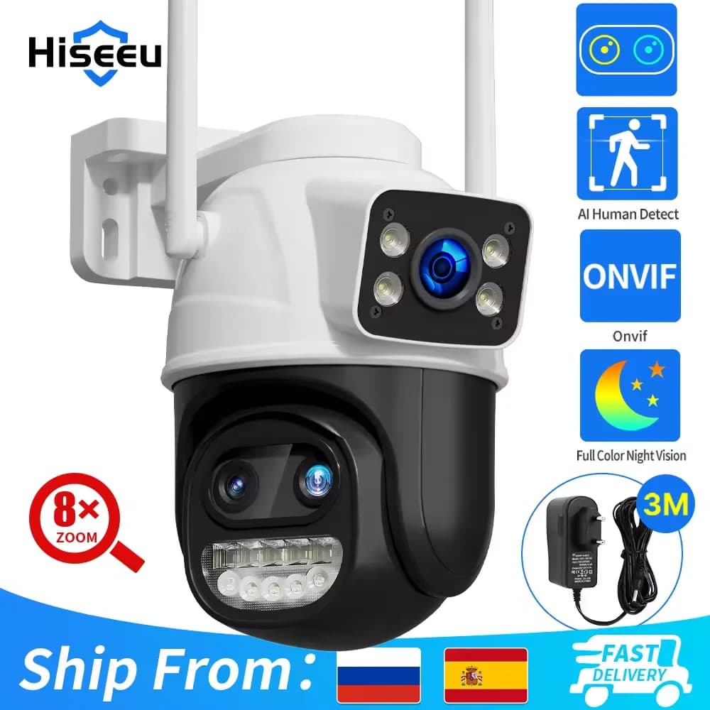Telecamera IP Hiseeu 9MP WIFI a tre obiettivi e doppio schermo con zoom 8X Telecamera PTZ Telecamera di videosorveglianza di sicurezza per visione notturna colorata