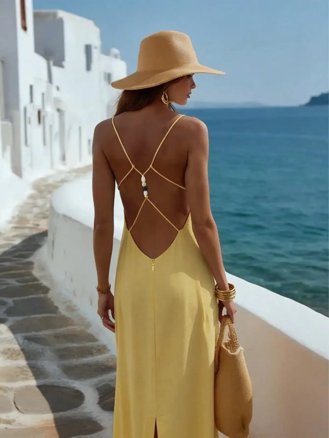 Women's Solid Color Beach Casual Party Woven Fabric Backless Twist Long Dress, Beach Holiday Summer Elegant