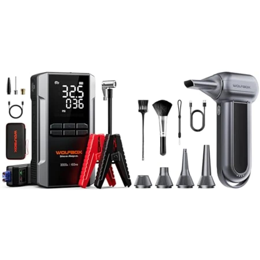 MF100 Soffiatore d'Aria Elettrico - 150000RPM Super Potente Senza Fili e Avviatore d'Emergenza WOLFBOX 3000A con Compressore d'Aria