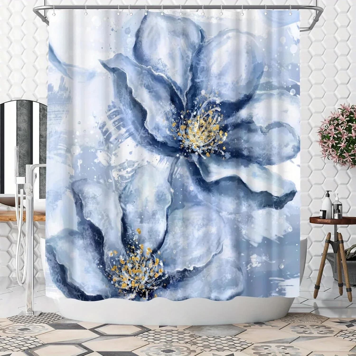 Tenda da doccia floreale blu da 1 pezzo: eleganti fiori blu, accenti dorati, poliestere, 12 ganci, elegante arredamento da bagno