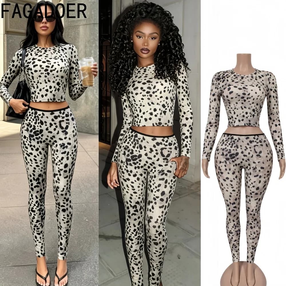 FAGADOER Women Leopard Print Matching Set Long Sleeve Crop Top High Waist Leggings Slim Fit Stretchy Bodycon Casual Party Outfit