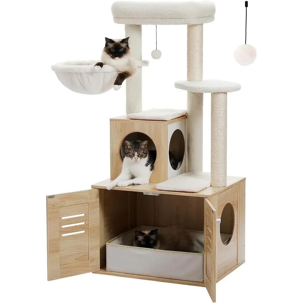 Lettiera per Gatti Chiusa da 50 Litri con Albero per Gatti Grandi, Cuccia, Mobili in Legno, Amaca e Posatoio, Beige