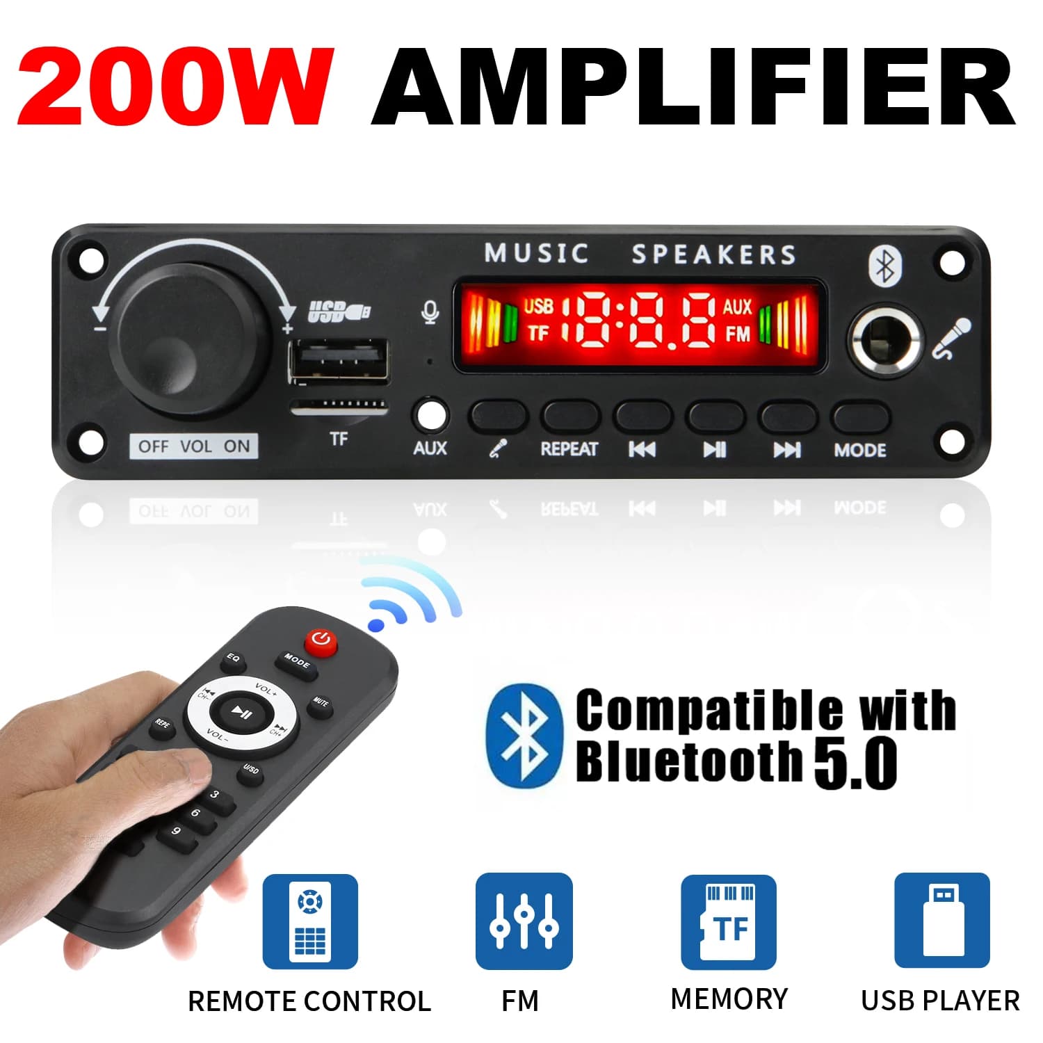 NEW 200W Bluetooth Amplifier FAI FROM TE MP3 WAV Decode Card DC 12V 100W Auto Wireless USB Reader MP3 Slot For USB FM TF Card with Microphone