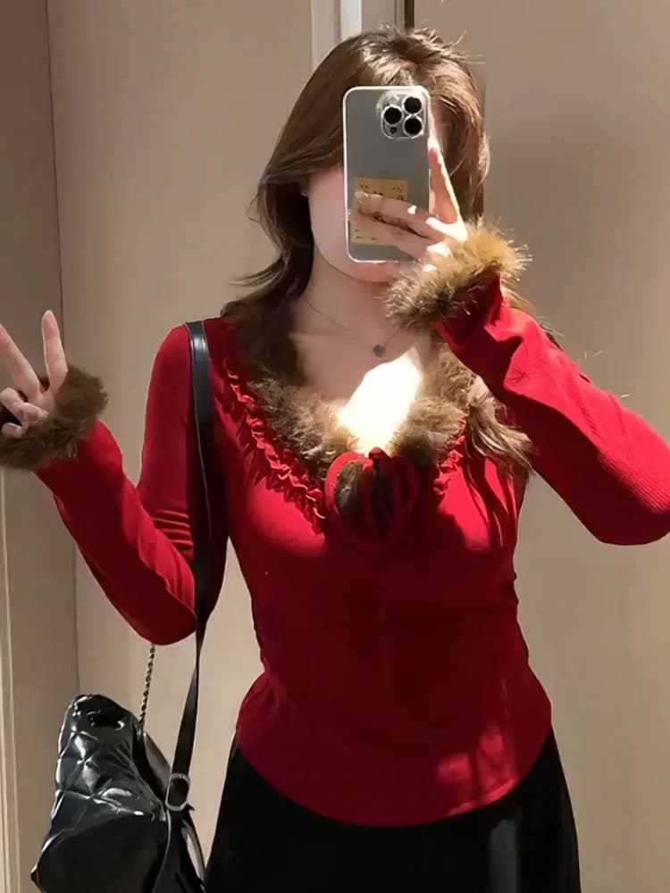 plus Size Christmas Theme V-Neck Knitted Sweater with Belt Women's Red Slimming Long Sleeve Inner Wear Spring Autumn Top