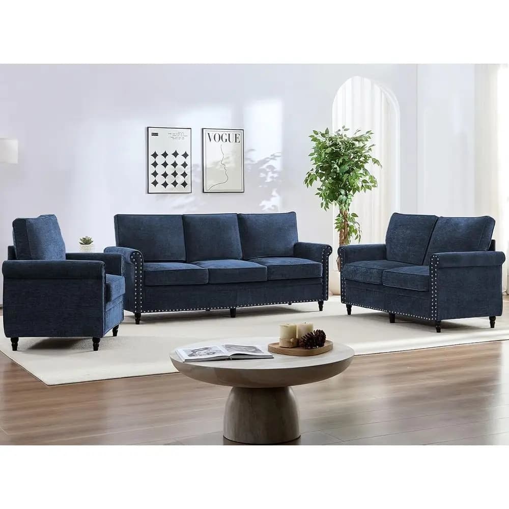 Set di divani in ciniglia da 3 pezzi con gambe a forma di zucca, cuscini spessi 6,7 cm, mobili da soggiorno blu