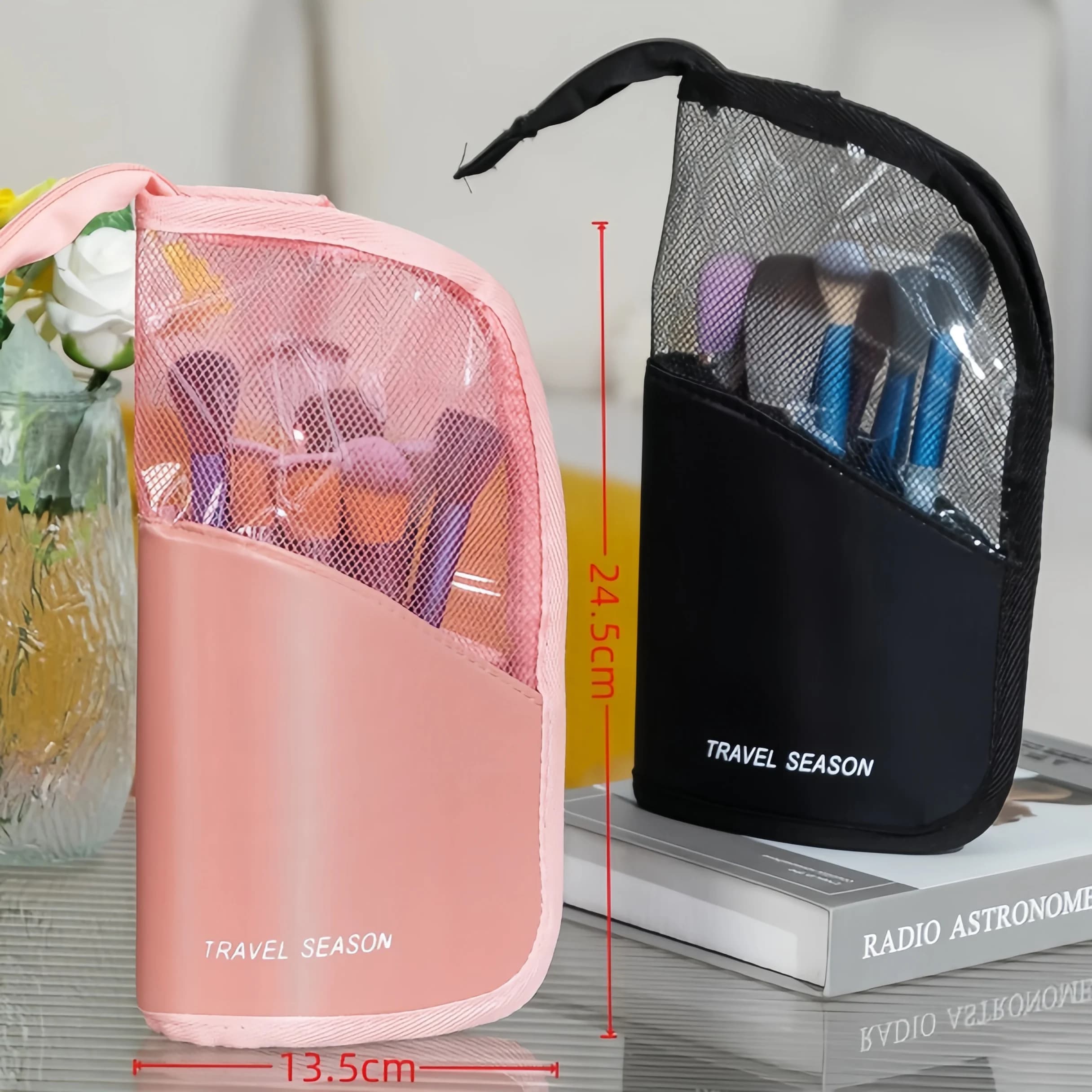 Astuccio Porta Pennelli da Trucco, Borsa Cosmetica da Viaggio Impermeabile, Contenitore Pieghevole con Cerniera (Nero + Rosa)