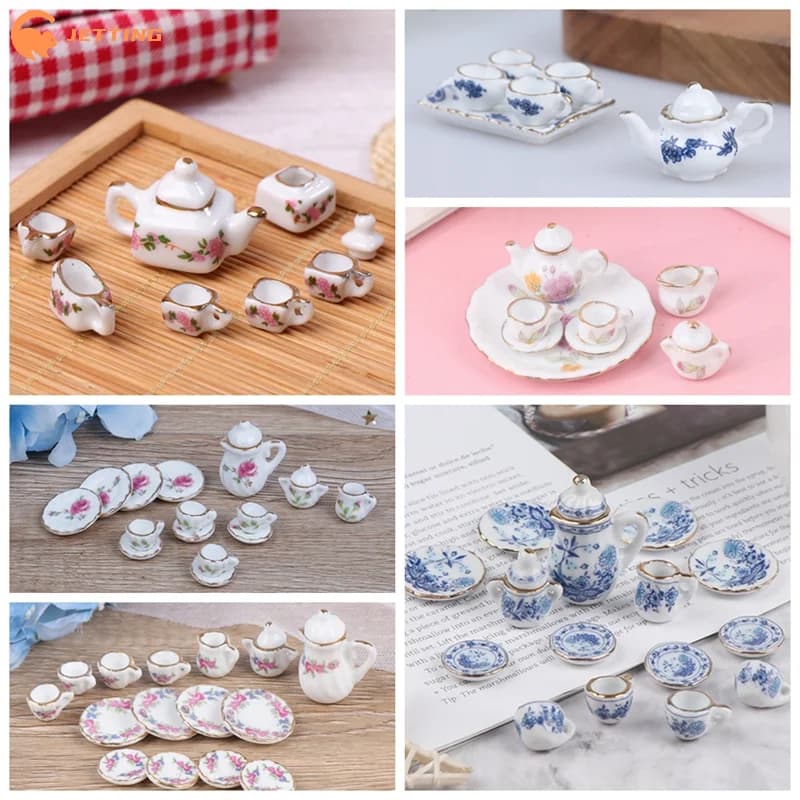 1Set 1:12 Dollhouse Miniature Ceramics Teapot Tea Set Mini Ceramic Kungfu Tea Set Kettle Cup Tableware Model Kitchen Decor Toys