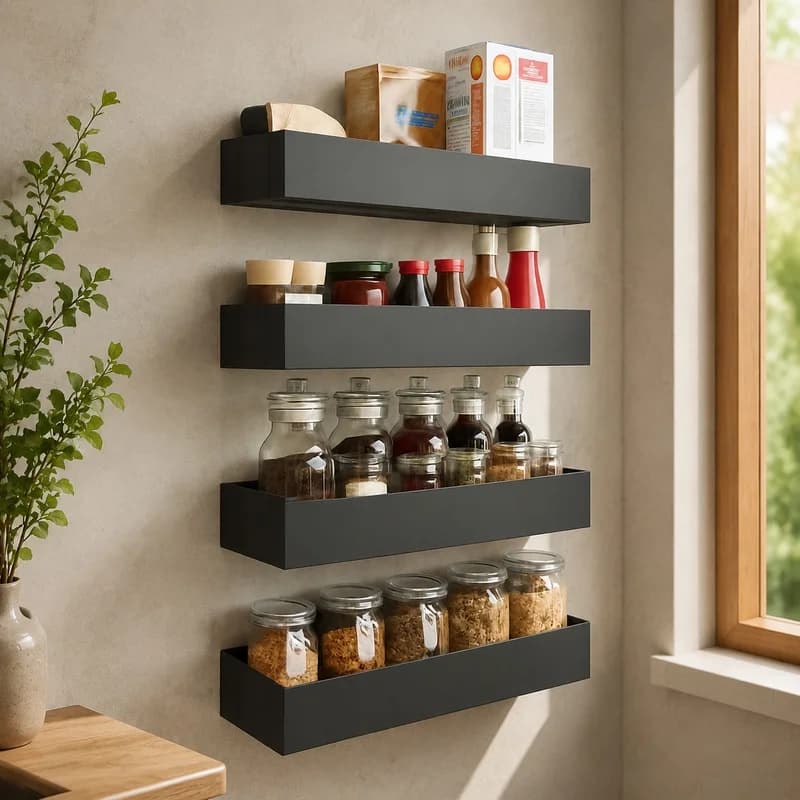Magnetic Black Iron Rack for Fridge Side Storage, Compact Kitchen Spice Organizer Shelf