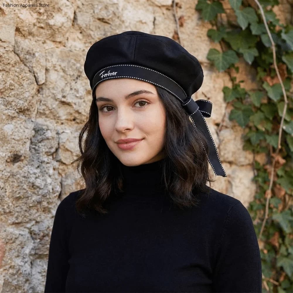 Casual Bowknot Sailor Hat Tie Ribbon JK Beret Cap School Style Letter Embroidery Painter Hat Ladies