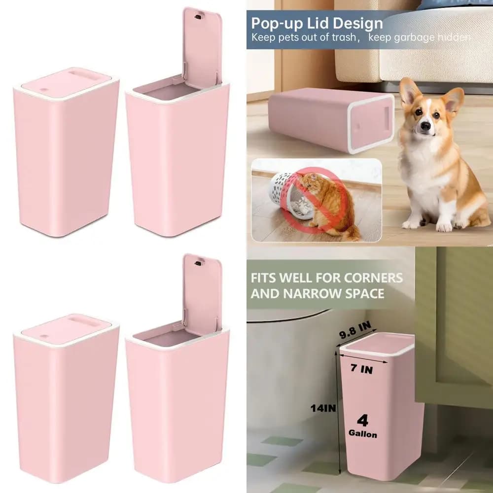 Pattumiera compatta rosa da 15 litri per cucina, bagno e ufficio dal design sottile