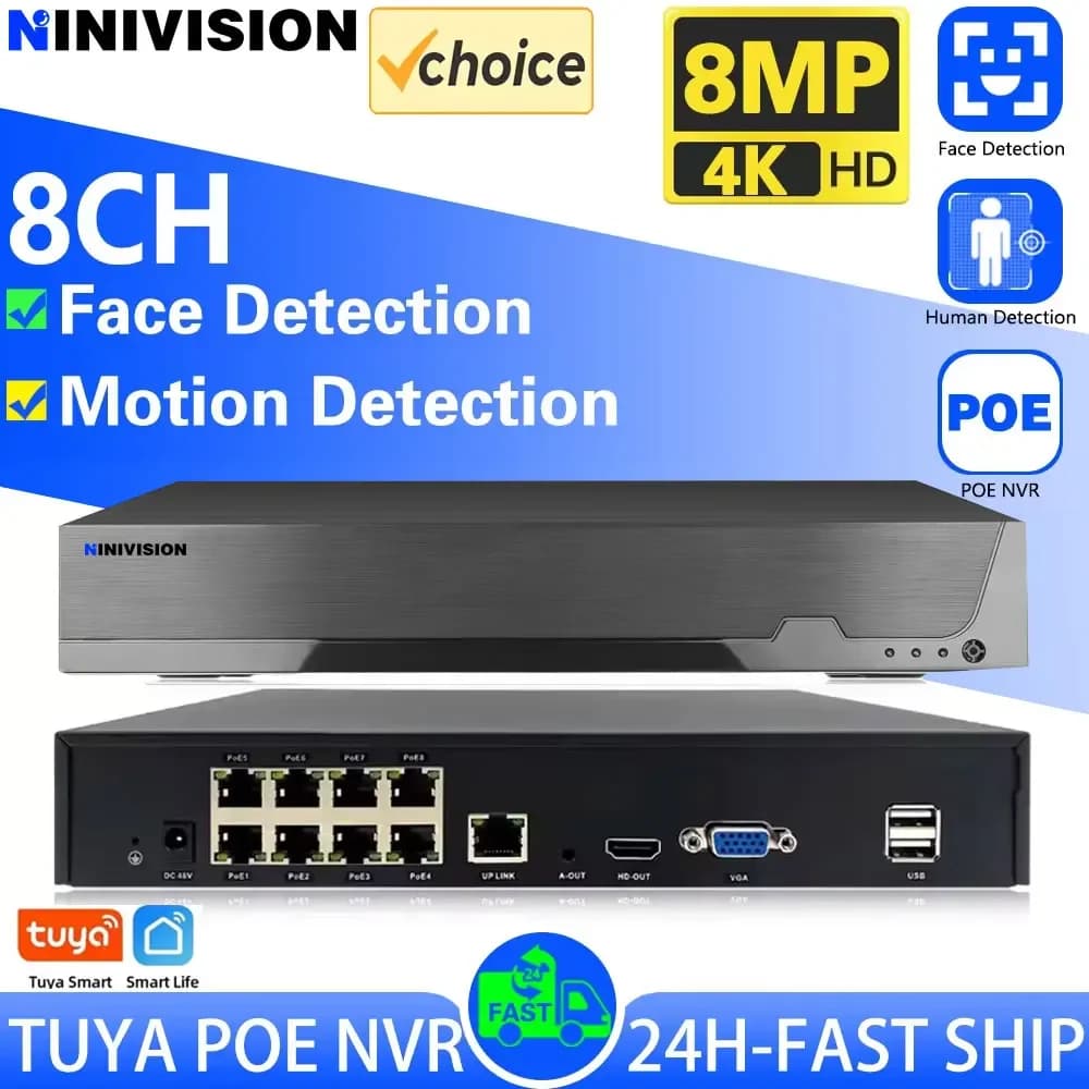 SMART LIFE 4K 8CH PoE NVR 8MP sistema di sicurezza CCTV rilevamento facciale H.265 + videoregistratore Audio di sorveglianza di rete NVR Tuya app