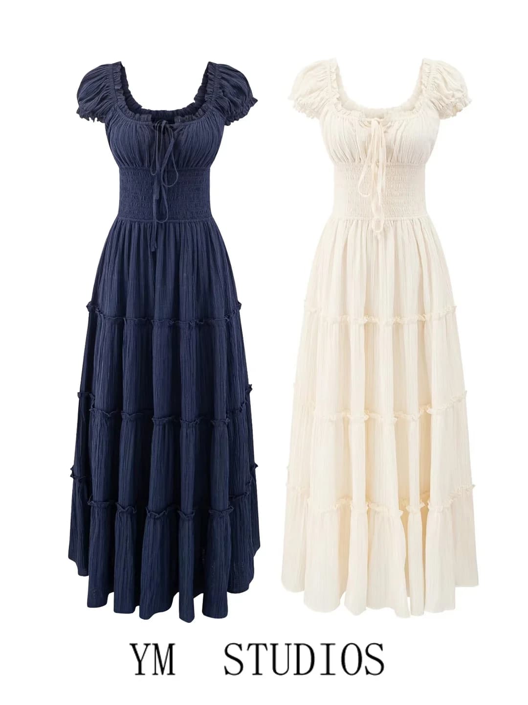 Elegant Long Dress Women's Fashion Gentle Vintage Square Collar Bubble Sleeve Cotton Waist Cinched Draped Dress for Date Trav...