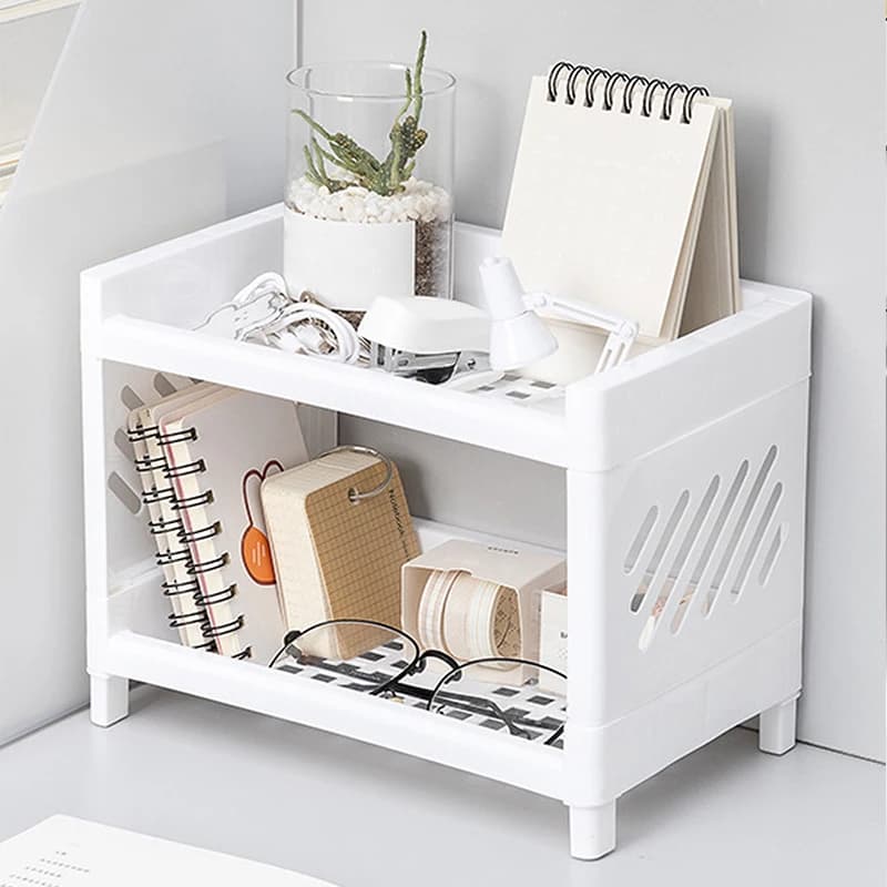 1PC PP Desktop Double Layer Storage Rack Rectangular White Organization Student Desk Office Cosmetics Stationery