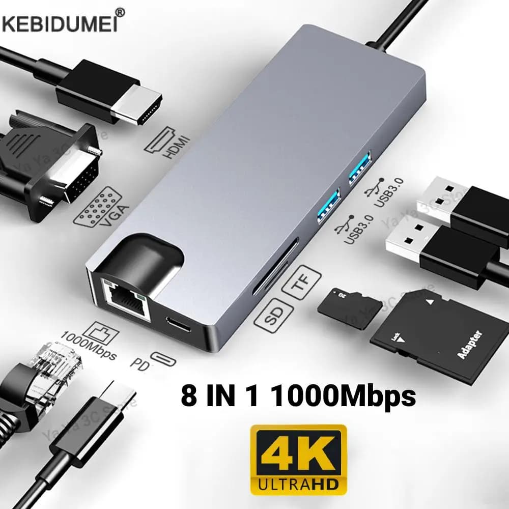 USB 3.0 Tipo C HUB USB C a HD 4K 30HZ Docking Station RJ45 1000Mbps Adattatore Ethernet VGA Extender PD 87W per MacBook Pro