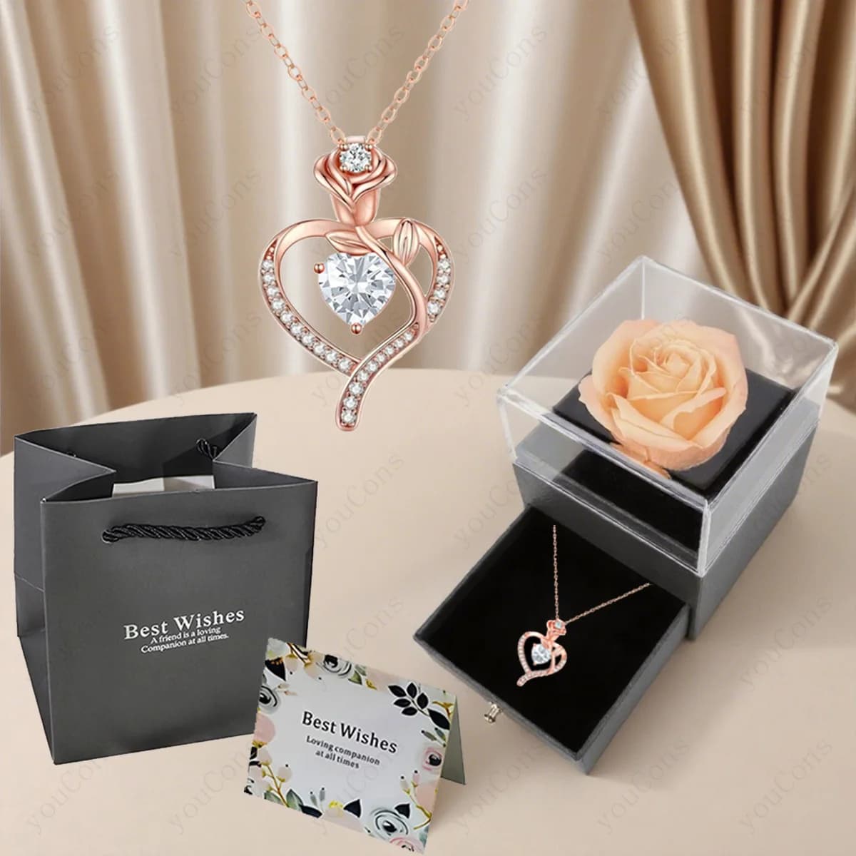 Ciondolo per collana con zirconi a forma di cuore di lusso con scatola di rose 2025 Nuovo set di gioielli per moglie, fidanzata, Natale, San Valentino, regalo di compleanno