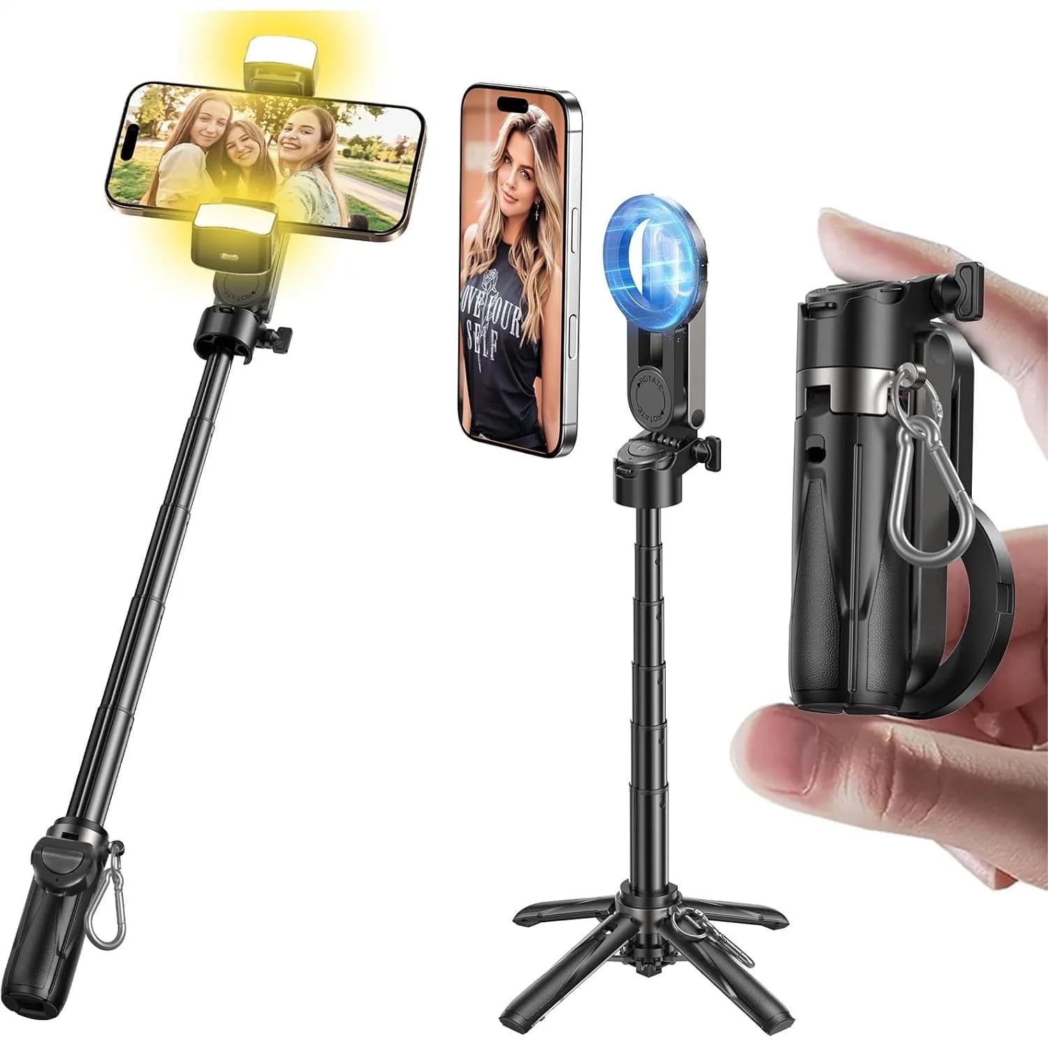 Phone Tripod with 2 Selfie Lights, Portable Pocket Size Selfie Stick with Detachable Remote for Photos and Video Recording