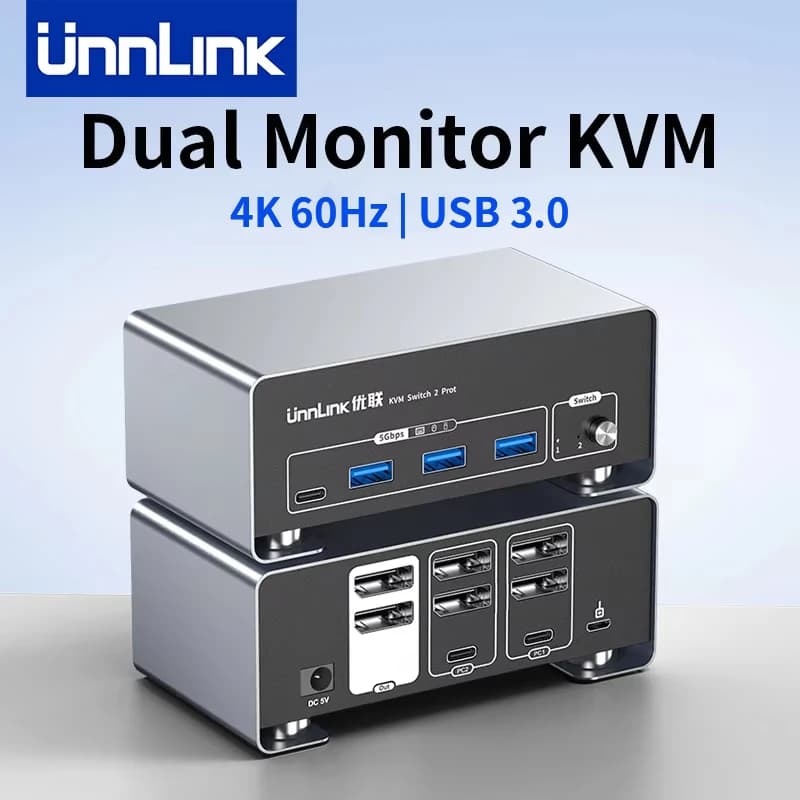 Switch KVM Unnlink 4K 60Hz per 2 Monitor e 2 Computer, DP+DP, DP+HDMI, HDMI+HDMI USB 3.0 per Win/Mac, Condivisione Mouse e Tastiera