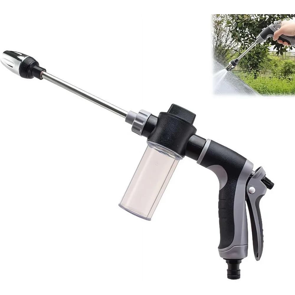 Pistola a spruzzo ad alta pressione per autolavaggio con dispenser sapone, ugello per tubo da giardino a stelo lungo, pistola a pressione per irrigazione piante