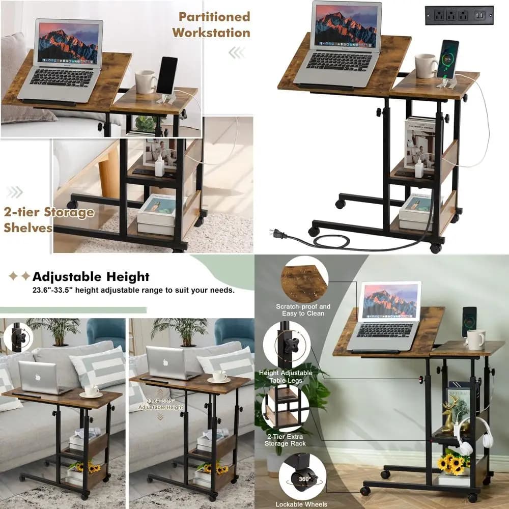 Tavolino laterale per divano a forma di C con altezza regolabile, stazione di ricarica e supporto per laptop, marrone rustico